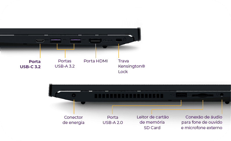 Portas USB-C 3.2, Portas USB-A 3.2, Porta HDMI, Trava Kensington Lock, Conector de energia, Porta USB-A 2.0, Leitor de SD Card, Conexão de áudio para fone de ouvido e microfone externo